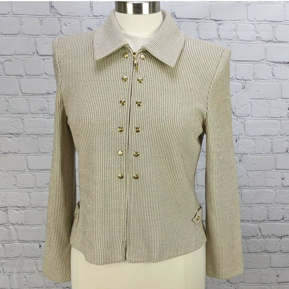 St. John Collection by Marie Gray Cruise Size 6 Ivory & Tan Santana Knit Jacket